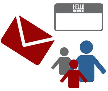icon with a nametag, three people, and an envelope