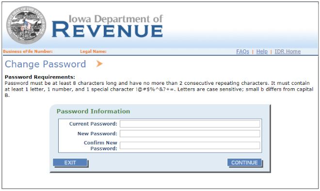 screenshot of password reset page for iowa department of revenue